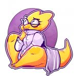  alphys anthro blush blush_stickers buckteeth claws clothing coat eyebrows eyewear female glasses hi_res lab_coat looking_up one_eye_half-closed open_mouth raised_eyebrow reptile scales scalie sitting solo teeth theoiseaubird thick_tail thick_thighs topwear undertale video_games wide_hips yellow_body yellow_scales 