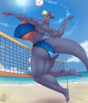  5_fingers anthro beach big_breasts big_butt breasts butt clothing cloud female fingers garchomp hi_res huge_breasts huge_butt joanne_(megustalikey) megustalikey muscle_tone muscular muscular_female nintendo nipple_outline pok&eacute;mon pok&eacute;mon_(species) sea seaside sky solo sport swimwear tight_clothing video_games volleyball water 