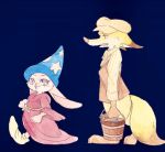  anthro blue_background bucket canid canine clothed clothing disney duo fantasia fox fully_clothed hat headgear headwear judy_hopps lagomorph leporid mammal nick_wilde open_mouth open_smile rabbit red_fox simple_background smile strawberry628_(artist) water wizard_hat zootopia 