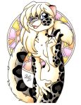  2003 anthro black_body black_fur blonde_hair blue_eyes breasts clouded_leopard covering covering_self felid female fur grey_body grey_fur hair low_res mammal michele_light nude open_mouth pantherine solo white_body white_fur 