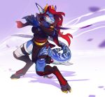  2020 5_fingers anthro breasts clothed clothing digital_media_(artwork) female fin fingers fish hair holding_object holding_weapon hooves kasumi_(nayami) kyander marine red_eyes red_hair shark solo weapon 