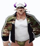  5_fingers anthro beverage_can body_hair bovid bovine brown_body brown_fur bulge camo camo_print cattle chest_hair clothing fingers fur green_clothing green_underwear hair hand_in_pocket holding_can holding_object horn jacket male mammal p2yong pockets purple_eyes shennong shirt simple_background solo tokyo_afterschool_summoners topwear underwear video_games white_background white_clothing white_hair white_shirt white_topwear 