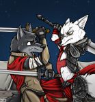  4_fingers anthro arctic_fox black_body black_fur blade brown_eyes canid canine canis dante&#039;s_inferno duel duo fan_character fantasy fight fingers fox fur male mammal medieval melee_weapon sword weapon white_body white_fur wolf yellow_eyes ziegelzeig 