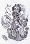  3_toes aircraft airship anklet anthro azural_cobaltros barefoot book cloak clothing eyewear female glasses greyscale hi_res hood horn jewelry kobold magic_user mirror monochrome necklace solo tentacles toes zee 