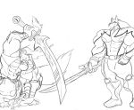  anthro armor belt big_sword bottomwear canid canine canis clothed clothing doggie_kruger domestic_dog duo fangs footwear hair holding_object horn katana kiba_ookami loincloth long_hair looking_at_another male mammal melee_weapon monochrome muscular navel nipples pants power_rangers sachiel_666 shoeless shoes sketch smile sword topless weapon wolf 