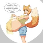  1:1 animal_humanoid belly big_belly bottomwear canid canid_humanoid canine canine_humanoid clothed clothing dialogue dipstick_tail english_text eyebrows female fox_humanoid fully_clothed hi_res himitsudragon humanoid jeans looking_at_viewer mammal mammal_humanoid multicolored_tail pants pregnant raised_eyebrow raised_eyebrows shirt sleeveless_shirt smile solo text topwear 