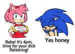  2020 amy_rose anthro big_breasts blue_body blue_fur breasts clothed clothing dialogue dick_flattening dress duo english_text eulipotyphlan female fur gloves green_eyes handwear hedgehog male mammal meme motion_blur nairdags pink_body pink_fur red_clothing red_dress simple_background smile sonic_the_hedgehog sonic_the_hedgehog_(series) tailwag text white_background 