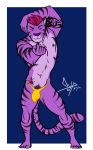  2020 anthro bgn biceps bulge cherry clothing felid food fruit fur glittering_hair hair hi_res looking_at_viewer male mammal muscular muscular_male navel navel_piercing nipple_piercing nipples pantherine piercing plant pose pubes purple_body purple_fur simple_background smile solo standing stripes tattoo thong tiger underwear 