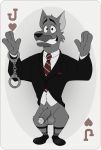  ace_hart anthro balls big_balls big_penis black_tie_(suit) bottomless canid canine canis clothed clothing dog_city domestic_dog fur genitals german_shepherd handcuffs herding_dog hi_res humanoid_genitalia humanoid_penis looking_at_viewer male mammal muscular necktie neenya pastoral_dog penis shackles simple_background smile sock_garters solo suit teeth topwear 