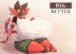  2020 anthro big_breasts breasts clothed clothing english_text felid female huge_breasts hyper hyper_breasts incineroar looking_at_viewer lysergide mammal nintendo nipple_outline pok&eacute;mon pok&eacute;mon_(species) red_eyes solo text tits_(lysergide) video_games yellow_sclera 