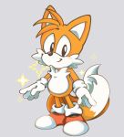  2020 anthro black_eyes canid canine classic_sonic_(universe) classic_tails clothing dipstick_tail footwear fox fur gloves grey_background handwear hi_res male mammal mennnntaiko miles_prower multicolored_tail shoes simple_background smile solo sonic_the_hedgehog_(series) sparkles standing white_body white_fur yellow_body yellow_fur 