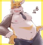  anthro blush bulge chardonnay_romancia cotton_(artist) eyewear fur glasses jey_caroot lagomorph leporid male mammal necktie nipples overweight overweight_male pecs rabbit reverse_bunnygirl slightly_chubby smile solo yellow_body yellow_fur 