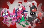  2019 black_eyes blue_hair bow_tie canid canine clothing collar eyelashes female feral freckles hair helluva_boss horn houndoom imp impidimp male mammal nintendo phone pink_body pok&eacute;mon pok&eacute;mon_(species) red_eyes sitting smile spiked_collar spikes thegreatrouge video_games 