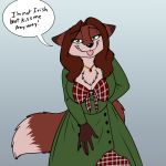  1:1 anthro breasts brown_body brown_fur brown_hair canid canine chest_tuft cleavage clothed clothing dipstick_tail dress english_text female fox foxenawolf fur green_eyes hair jewelry mammal multicolored_tail necklace solo text tongue tongue_out tuft 