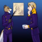  1:1 anthro blonde_hair brown_sclera clothing cup darius_steele dolphoria felid foxenawolf hair human isla_aukate male mammal open_mouth turbo_(character) uniform 