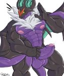  2019 5_fingers abs anthro anthrofied balls black_body castrodour fingers fur genitals hi_res humanoid_genitalia humanoid_hands humanoid_penis male membrane_(anatomy) membranous_wings muscular muscular_male nintendo nipples noivern pecs penis pink_nipples pok&eacute;mon pok&eacute;mon_(species) pok&eacute;morph purple_balls purple_body purple_penis simple_background solo uncut vein video_games white_background white_body white_fur wings 
