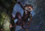  4_toes 5_fingers alectorfencer anthro barefoot black_nose brown_body brown_eyes brown_fur clothed clothing detailed_background digitigrade fingers fur male mammal marten mustelid musteline solo toes 