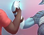  5:4 5_fingers abs anthro biceps breasts clothed clothing conditional_dnp duo faceless_female faceless_male female fingers fishnet gesture handshake hi_res krazykurt male male/female meme muscular 