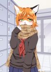  anthro artist_name black_ears blush bottomwear cheek_tuft clothed clothing domestic_cat facial_tuft felid feline felis fully_clothed fur fur_tuft green_eyes hair hi_res looking_at_viewer mammal mismatched_ears open_mouth orange_ears orange_hair solo tongue topwear tuft wolfox004 