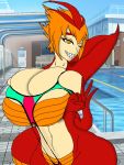  3:4 big_breasts breasts clothing drake_flame female hi_res humanoid hybrid_dragon mammal memory123 poolside scalie solo swimwear 