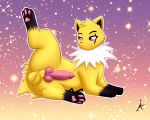  5:4 absurd_res anglo animal_genitalia animal_penis canid canine canine_penis digital_media_(artwork) eeveelution erection fan_character feral fur genitals hair hi_res jolteon knot looking_at_viewer male mammal nintendo nude penis pok&eacute;mon pok&eacute;mon_(species) simple_background solo video_games 