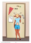  2020 5_fingers anthro biped bottomwear cervid clothed clothing comic digital_media_(artwork) door dorm english_text falcon_mccooper fingers fully_clothed girly hi_res hotpants inside jesse_(falcon_mccooper) male mammal plantigrade shirt shorts solo t-shirt text topwear 