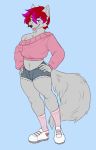  absurd_res anthro bottomwear canid canine canis clothing cutoffs denim denim_clothing fluffy fluffy_tail girly grin hair hi_res highlights_(coloring) jason_maddox male mammal messy_hair off_shoulder_sweater pink_highlights porko shorts smile solo tongue tongue_out wolf 