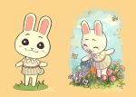  2020 adonyne animal_crossing anthro arthropod beastars bee blush bottomwear clothed clothing cloud eyes_closed flower fur grass haru_(beastars) hi_res holding_object hymenopteran insect lagomorph leporid mammal nintendo open_mouth open_smile outside plant rabbit simple_background skirt sky smile standing style_parody video_games watering_can white_body white_fur yellow_background 