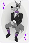  anthro balls black_tie_(suit) bow_tie canid canine canis clothed clothing digital_media_(artwork) erection eyewear facial_hair footwear fur genitals half-closed_eyes hi_res holding_penis humanoid_genitalia humanoid_penis legwear looking_at_viewer male mammal metro-goldwyn-mayer mustache narrowed_eyes neenya penis red_hot shoes simple_background smile sock_garters socks solo suit tex_avery tex_avery_wolf wolf 