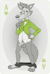  anthro balls belly black_tie_(suit) bottomless bow_tie canid canine canis clothed clothing dad_bod digital_media_(artwork) erection eyewear genitals grey_body hair hi_res humanoid_genitalia humanoid_penis looking_at_viewer male mammal mascot mature_male neenya penis simple_background smile solo suit symbicort_commercial wolf 