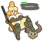  acstlu animal_crossing anthro armor big_breasts bone boots bottomless breasts canid canine canis cleavage clothed clothing dialogue domestic_dog doom_(series) female footwear gun id_software isabelle_(animal_crossing) looking_at_viewer mammal nintendo partially_clothed ranged_weapon shih_tzu shotgun simple_background sitting skull slightly_chubby solo thick_thighs toy_dog video_games weapon white_background 