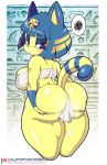  2020 absurd_res animal_crossing ankha_(animal_crossing) anthro bandage big_breasts big_butt blush breasts butt chest_wraps dipstick_tail domestic_cat eyebrow_through_hair eyebrows felid feline felis female hair hi_res holding_butt lollipopcon looking_back mammal monotone_ears multicolored_tail nintendo pictographics pinup pose simple_background solo speech_bubble text thick_thighs translucent translucent_hair two_tone_tail url video_games white_background wraps 
