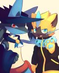  anthro blue_body blue_ears blue_pawpads chest_spike clothed clothing cute_fangs duo fur grey_body hat headgear headwear hi_res legendary_pok&eacute;mon lucario nintendo open_mouth pawpads pok&eacute;mon pok&eacute;mon_(species) red_eyes sihan simple_background spikes tongue topwear video_games yellow_body yellow_ears yellow_fur zeraora 