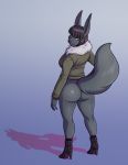  anthro anubian_jackal black_hair boots bottomless butt canid canine canis clothed clothing conditional_dnp ear_piercing female footwear fur green_eyes grey_body grey_fur hair high_heels jackal jacket kadath looking_at_viewer looking_back mammal nightshade_(kadath) piercing shadow shoes smile solo spikes topwear 