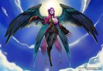  big_breasts breasts cleavage clothed clothing cloud doctorzexxck english_text feathered_wings feathers female hi_res humanoid purple_body purple_skin sky solo sun text weapon winged_humanoid wings 