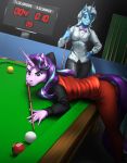  2020 5_fingers absurd_res anthro billiard_ball billiard_table billiards blue_eyes bow_tie clothed clothing cue_stick digital_media_(artwork) duo equid eyelashes female fingers friendship_is_magic fully_clothed hair hi_res horn mammal multicolored_hair my_little_pony mykegreywolf purple_eyes smile starlight_glimmer_(mlp) text trixie_(mlp) two_tone_hair unicorn 
