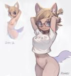  anthro blue_eyes bottomless breasts clothed clothing eyewear female genitals glasses navel nipples puinkey_(artist) pussy shirt simple_background solo t-shirt tongue topwear white_background 
