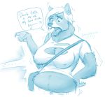  anthro beingobscene blue_and_white breasts clothing dialogue female hand_on_hip hi_res mammal midriff monochrome nipple_outline solo torn_clothing transformation ursid 