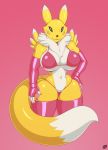  anthro big_breasts bikini breasts chest_tuft cleavage clothed clothing curvy_figure daxzor digimon digimon_(species) female fingerless_gloves gloves handwear hi_res legwear looking_at_viewer navel pinup pose red_background renamon simple_background solo squish stockings swimwear thick_thighs thigh_highs thigh_squish tuft voluptuous wide_hips 
