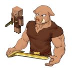  anjing_kampuss anthro belt biceps bottomwear clothed clothing digital_media_(artwork) domestic_pig fully_clothed gold_(metal) half-length_portrait male mammal melee_weapon minecraft muscular muscular_male pants pecs piglin portrait shirt simple_background snout solo suid suina sus_(pig) sword t-shirt topwear tusks video_games weapon white_background 