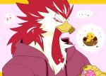  &lt;3 ... anthro avian beak bird bust_portrait candy chest_tuft chicken clawlion claws clothed clothing eye_scar feathers food fully_clothed galliform gallus_(genus) hair holding_food holding_object holidays hoodie kemono long_hair looking_at_viewer male narrowed_eyes offering_food offering_to_viewer phasianid pictographics pink_background portrait red_hair scar simple_background solo speech_bubble standing topwear tuft valentine&#039;s_day white_body white_feathers 