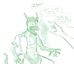  anthro beingobscene clothed clothing dialogue domination duo english_text female female_domination green_and_white hi_res human magic male mammal monochrome offscreen_character partially_clothed scalie text torn_clothing transformation 