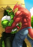  anthro anthro_on_anthro asian_mythology big_muscles blush bottomwear clothed clothing detailed_background dragon dramon duo east_asian_mythology eastern_dragon erection eye_contact genitals green_body handjob kissing kokuhane looking_at_another male male/male muscular muscular_male mythology open_pants pants penile penis razul red_body sex topless topless_male undressing 