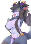  2_horns anthro breasts canid canine cecily_lin clothed clothing demon female hand_behind_head hi_res horn horn_ornament hybrid lilina mammal navel nipple_outline one_eye_closed pink_tongue simple_background skimpy solo tongue tongue_out white_background wings yellow_eyes 