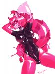  anthro breasts clothed clothing collar genitals goo_creature goo_transformation gynomorph hair hi_res intersex leotard mammal penis pink_body pink_eyes pink_hair procyonid raccoon ravika rubber simple_background slime solo tesomu transformation 