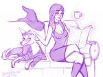  beingobscene blush breasts canid canine canis cleavage clothed clothing crossed_legs domestic_dog domination duo female female_domination feral furniture gentle_femdom human implied_transformation magic magic_user male mammal petting sitting sofa witch 