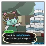  1:1 absurd_res animal_crossing anthro blue_eyes border brown_body brown_fur canid canine clothed clothing coronavirus dialogue english_text face_mask fur hi_res male mammal nintendo nintendo_switch outside raccoon_dog signature solo tanuki text toilet_paper tom_nook_(animal_crossing) tree video_games wagon white_border zooptoon 