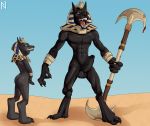  ancient_egypt anthro anubian_jackal anubis balls big_penis black_body black_fur black_nose black_penis blood bodily_fluids canid canine canis clothing deity desert duo egyptian egyptian_clothing egyptian_mythology erection fur genitals humanoid_genitalia humanoid_penis jackal male male/male mammal middle_eastern_mythology mythology nearphotison nude penis size_difference the_mummy weapon 