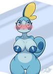  2020 anthro big_breasts blue_body blue_cheeks blue_eyes blue_nipples blush breasts eyelashes female genitals hi_res latiar lizard looking_at_viewer navel nintendo nipples non-mammal_breasts pok&eacute;mon pok&eacute;mon_(species) pussy reptile scalie sobble solo starter_trio thick_thighs video_games wide_hips 