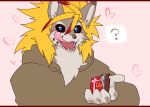  &lt;3 5_fingers ? anthro black_nose black_sclera blonde_hair blue_eyes bust_portrait candy canid canine canis chocolate clawlion clothed clothing dipstick_ears fingers food fully_clothed fur grey_body grey_fur hair holding_food holding_object holidays hoodie kemono letterbox licking licking_lips looking_at_viewer male mammal multicolored_body multicolored_ears multicolored_fur neck_tuft offering_food offering_to_viewer open_mouth open_smile pictographics pink_background portrait sharp_teeth simple_background smile solo speech_bubble standing teeth tongue tongue_out topwear tuft two_tone_body two_tone_fur valentine&#039;s_day wolf 